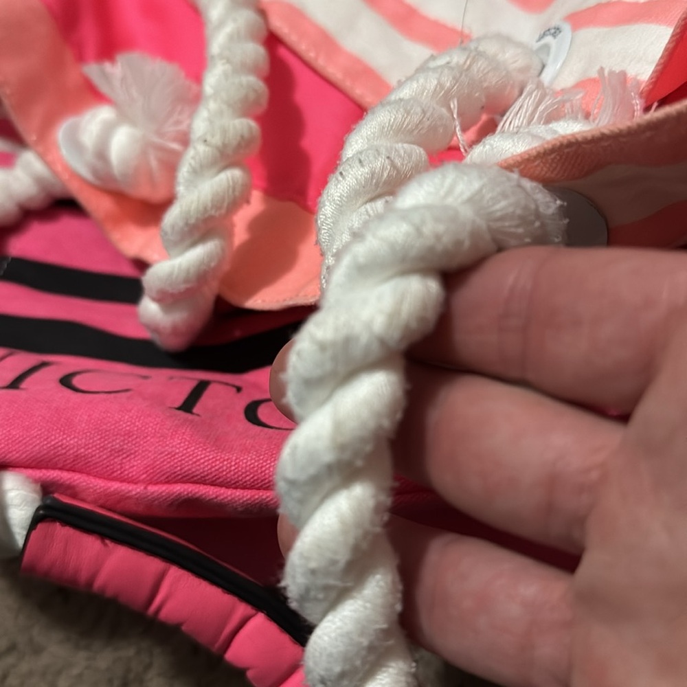 Victoria’s Secret Tote-Striped Pink White Black Peach-Open Top-“Rope” Handles - Picture 11 of 16